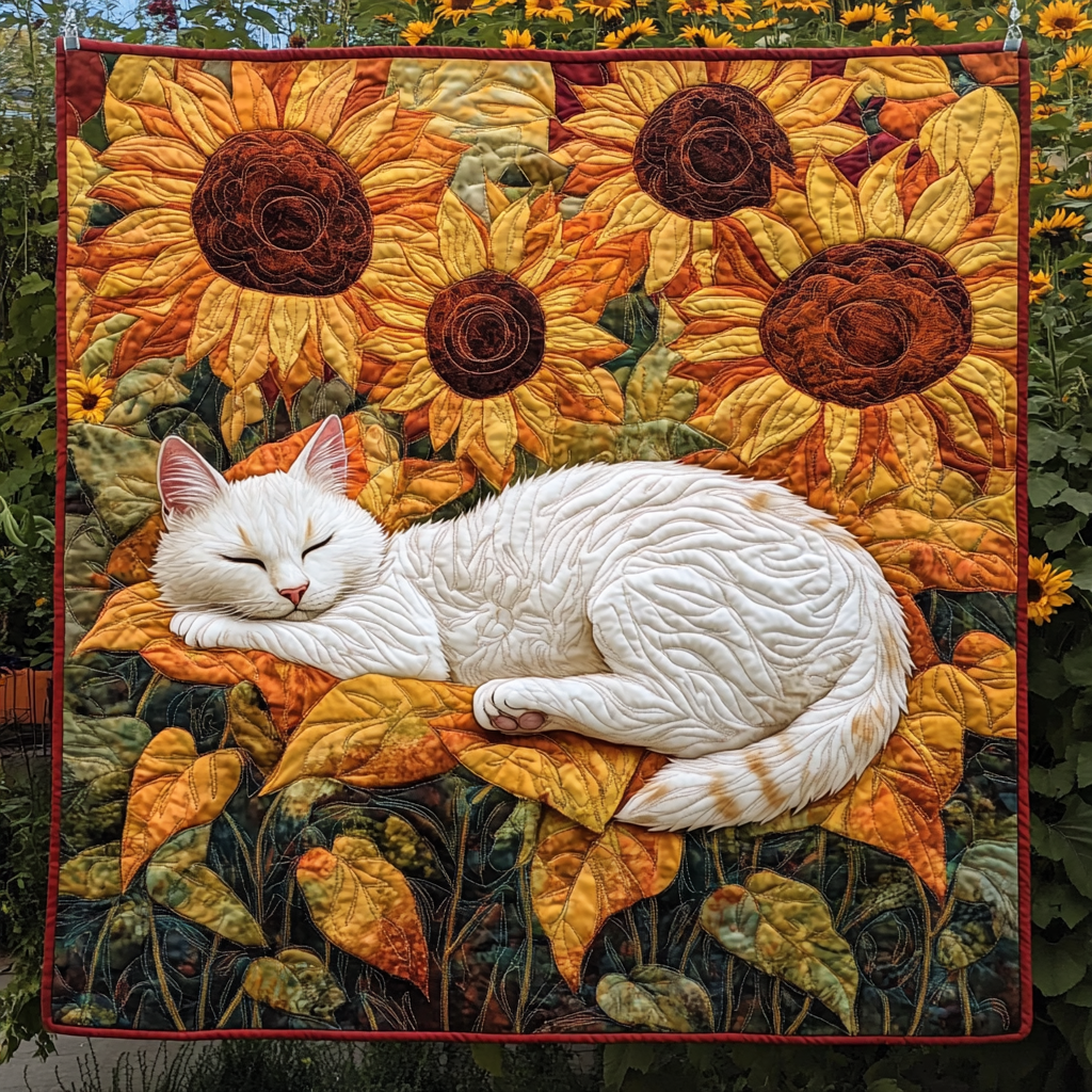 Sleeping Cat Sunflower Quilted Blanket Cute Blankets For Her