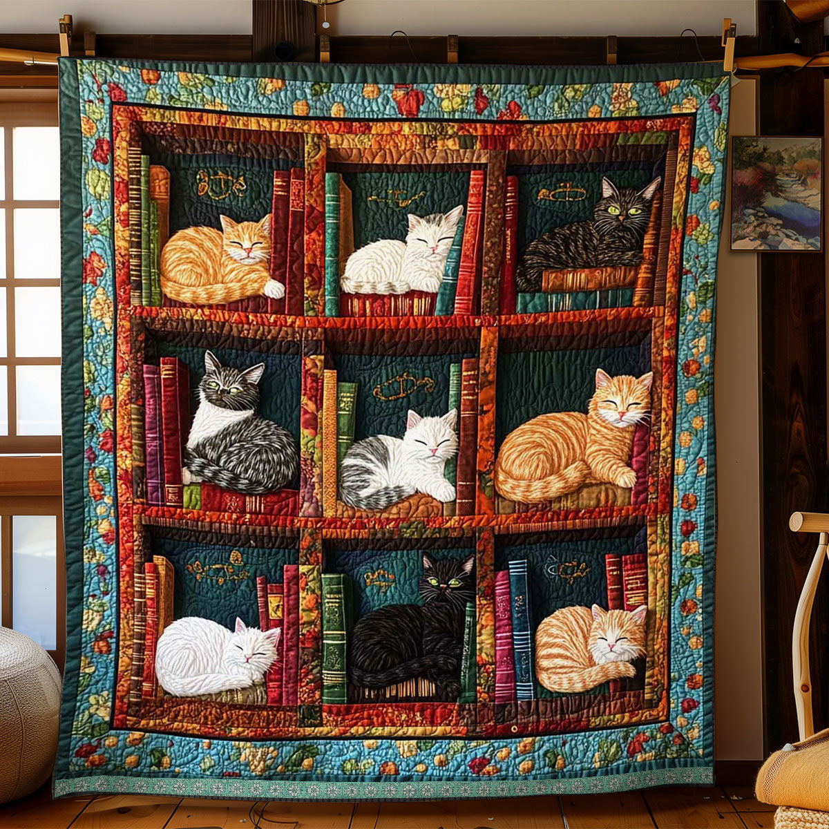 Sleeping Cats On The Bookshelves Quilt Blanket Queen Size Blanket Gifts For People Who Love Cats