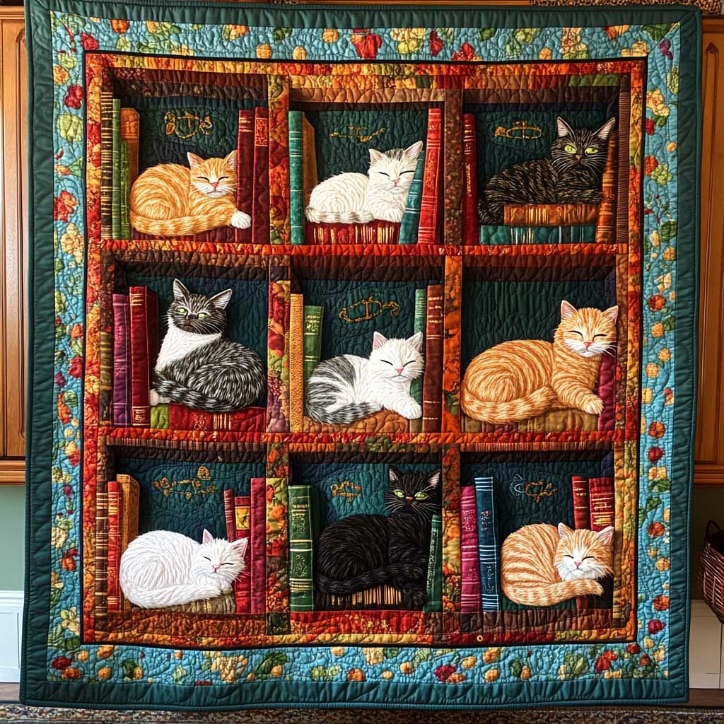 Sleeping Cats On The Bookshelves Quilt Blanket Queen Size Blanket Gifts For People Who Love Cats
