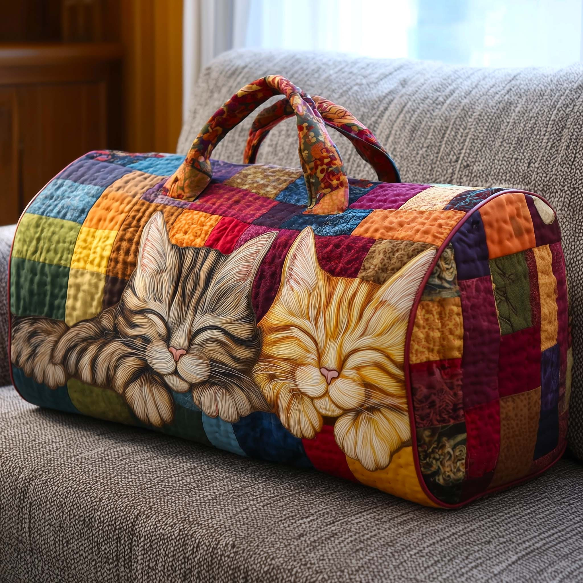 Sleeping Cats Patchwork Quilted Duffle Bag Cute Travel Bags For Women Best Cat Mom Gift
