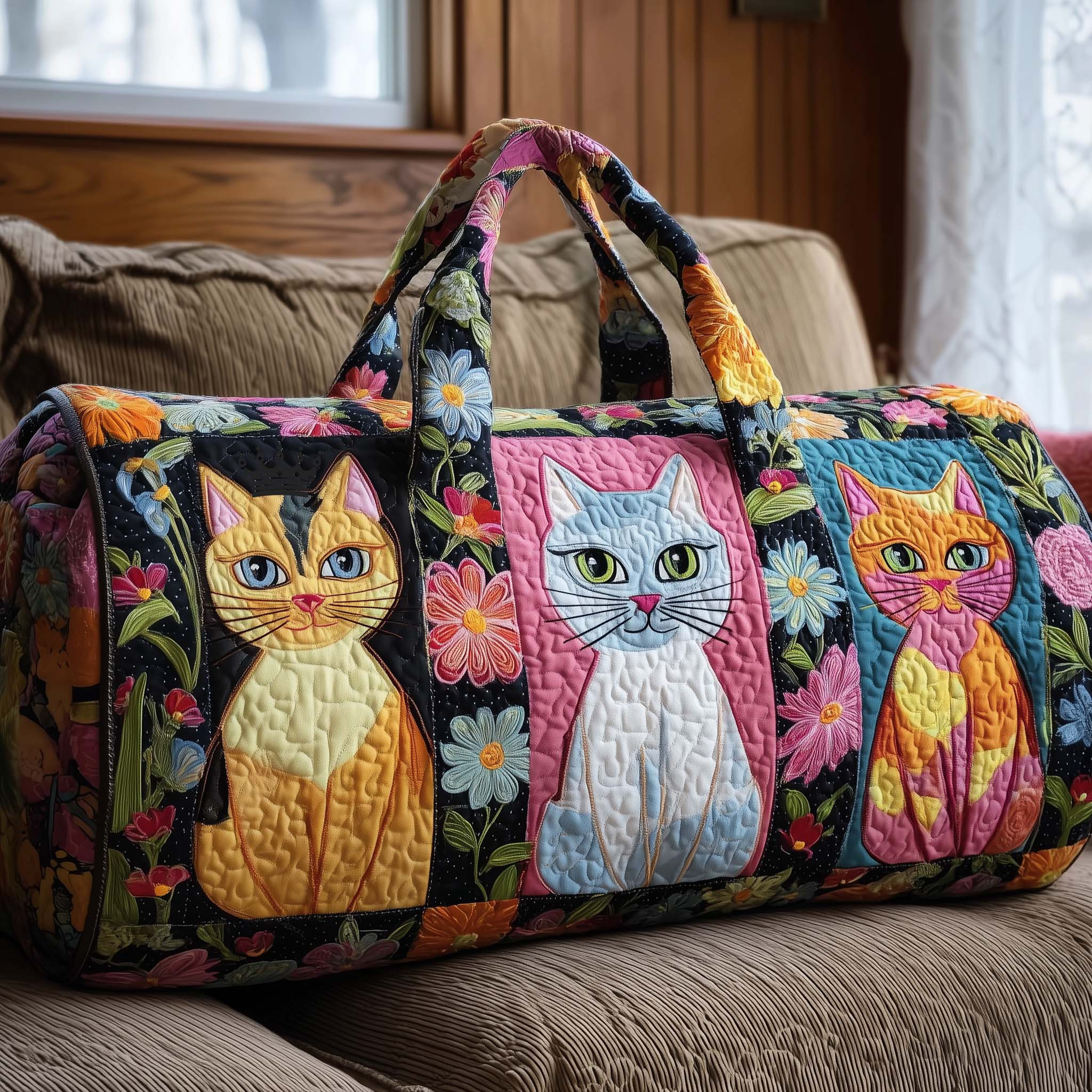 Sleeping Cats Patchwork Quilted Duffle Bag Cute Travel Bags For Women Best Cat Mom Gift