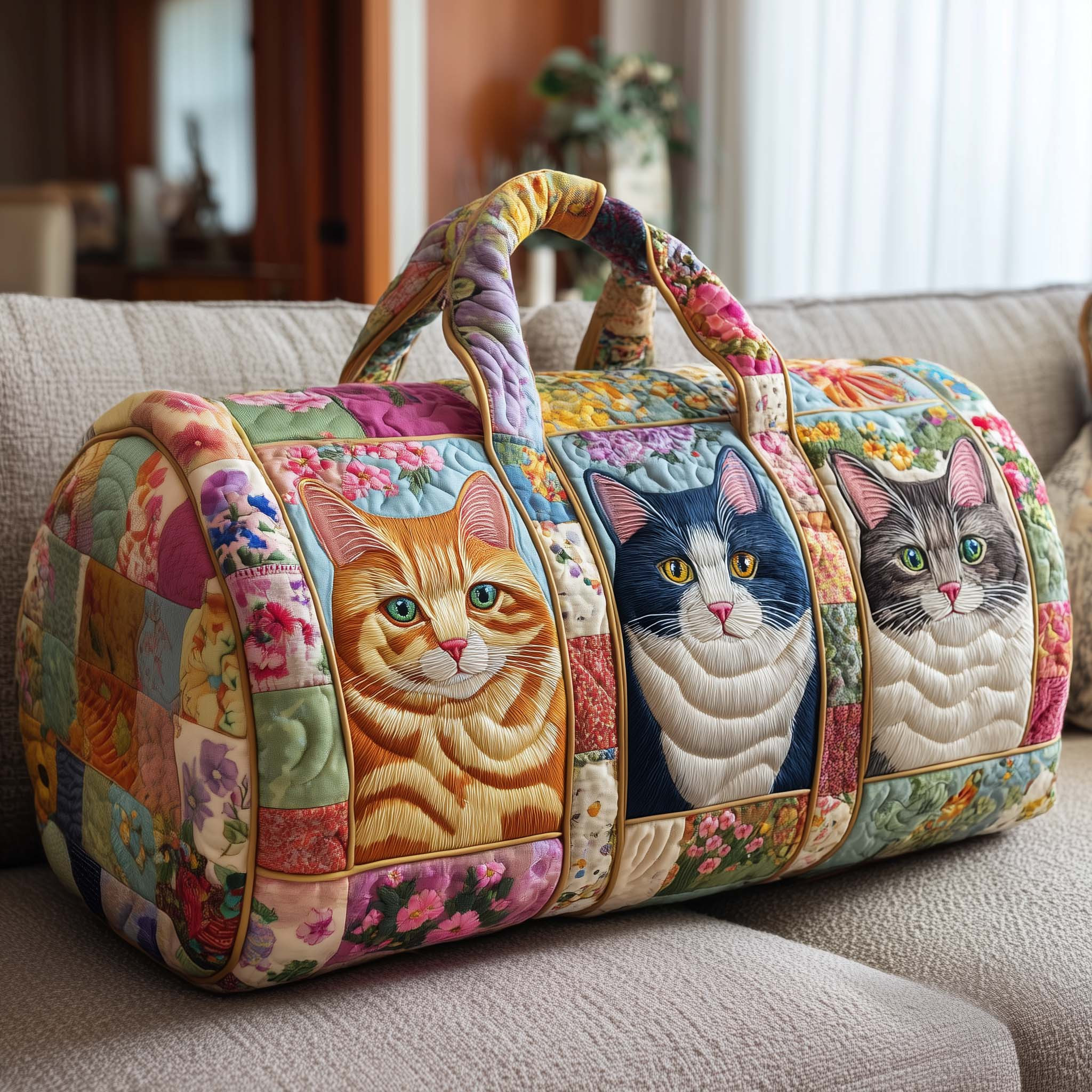 Sleeping Cats Patchwork Quilted Duffle Bag Cute Travel Bags For Women Best Cat Mom Gift For Her