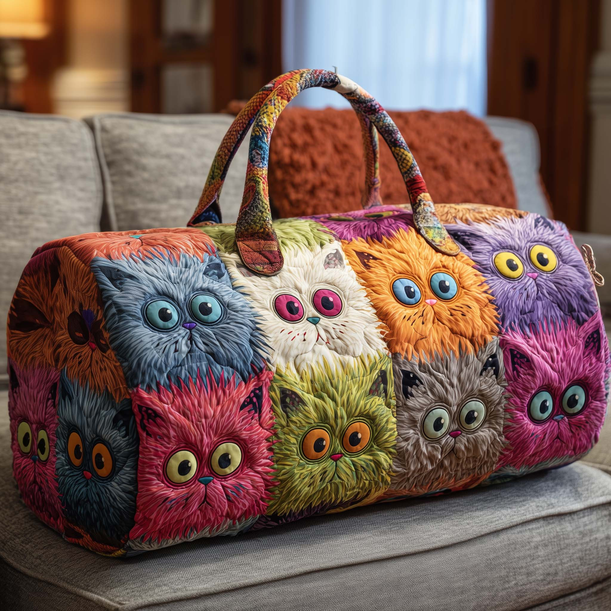 Sleeping Cats Patchwork Quilted Duffle Bag Cute Travel Bags For Women Best Cat Mom Gift Ideas