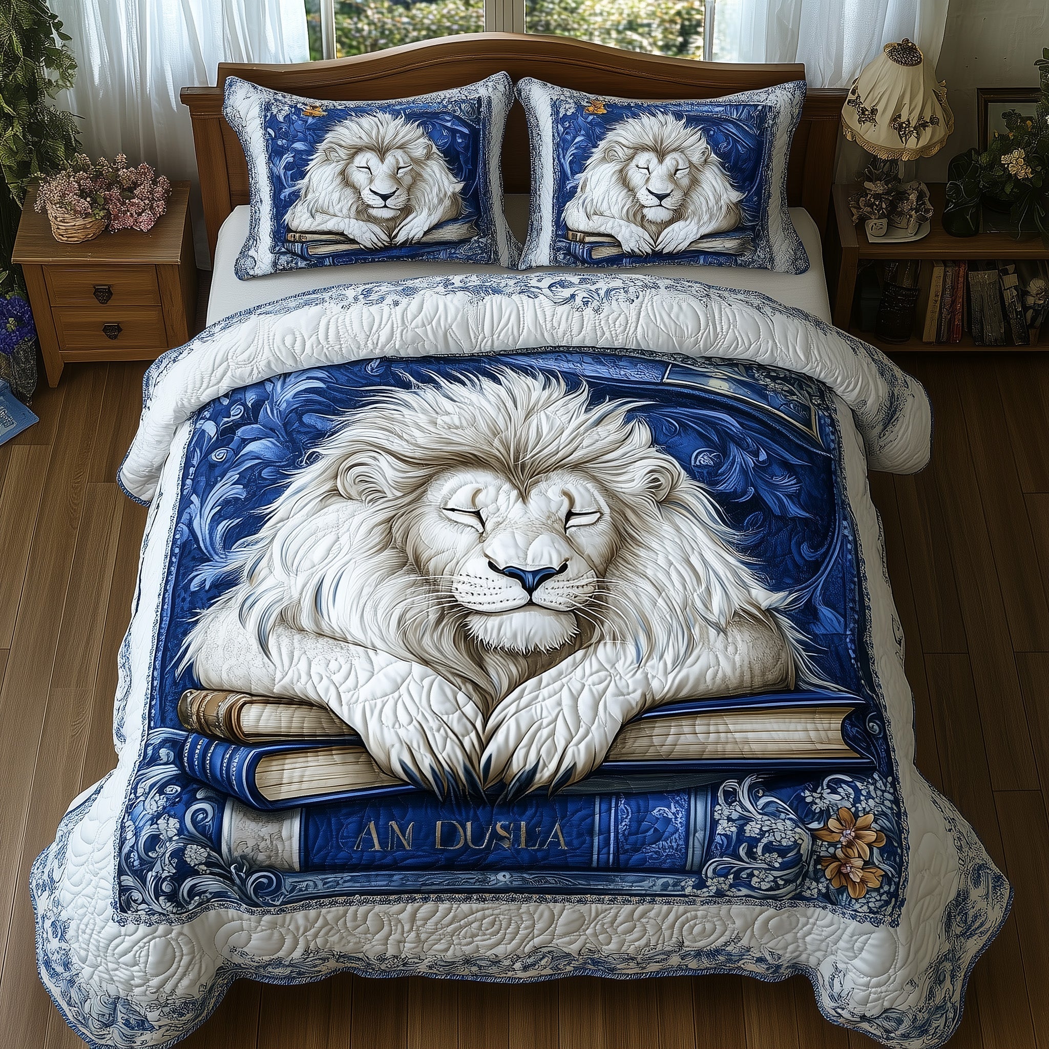 Sleeping Lion Quilted Bedding Set Classic Lion Face Decor Best Wildlife Design Gifts