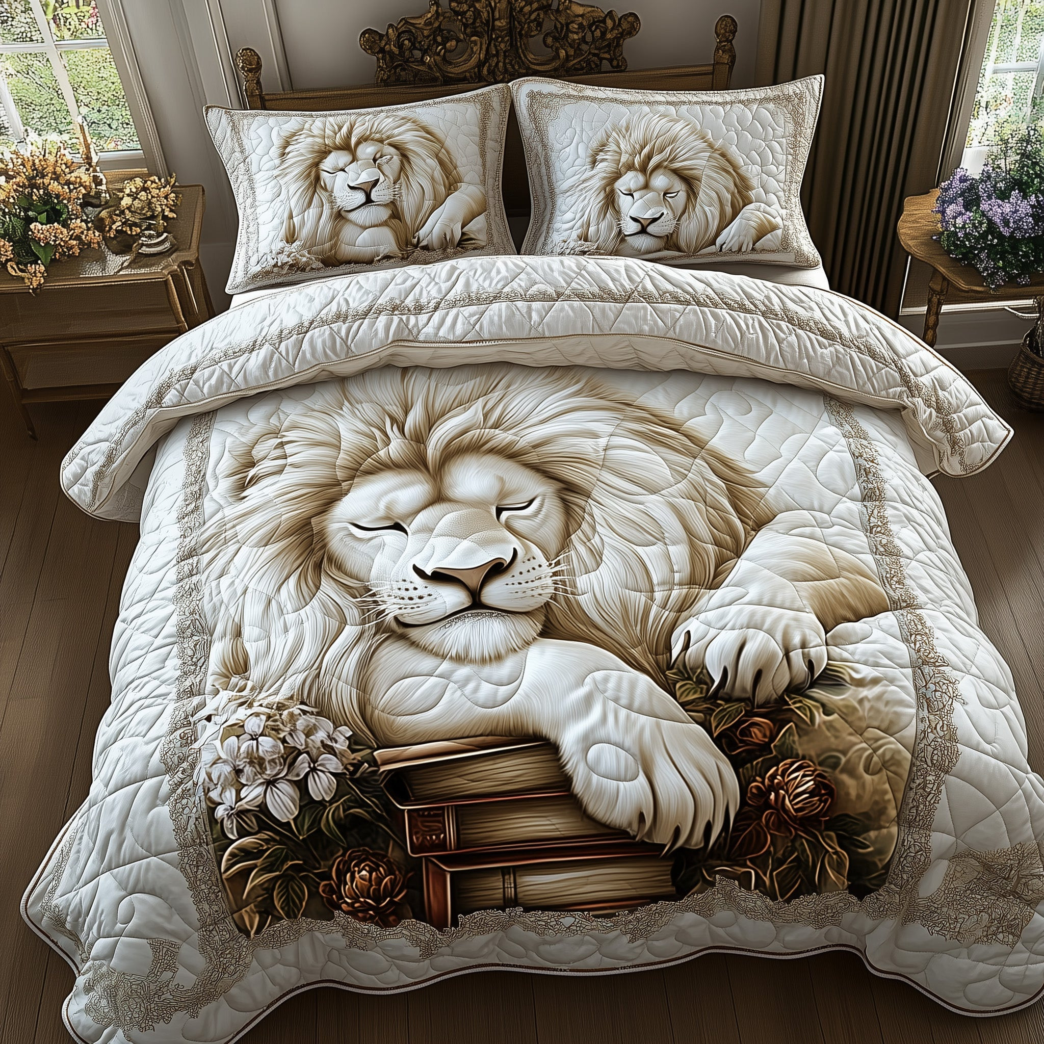 Sleeping Lion Quilted Bedding Set Royal Lion Decor Peaceful Animal Themed Gifts