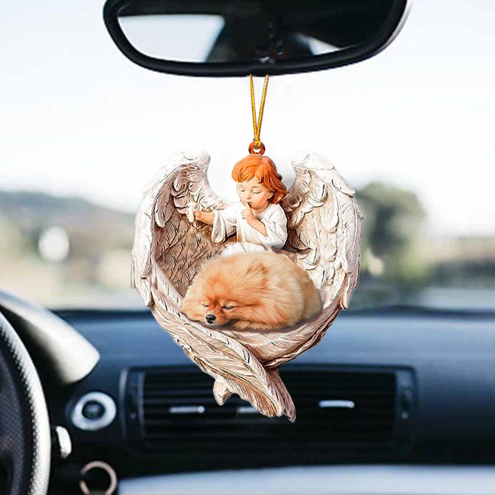 Sleeping Pomeranian Protected By Angel Acrylic Hanging Ornament For Car Home Decor