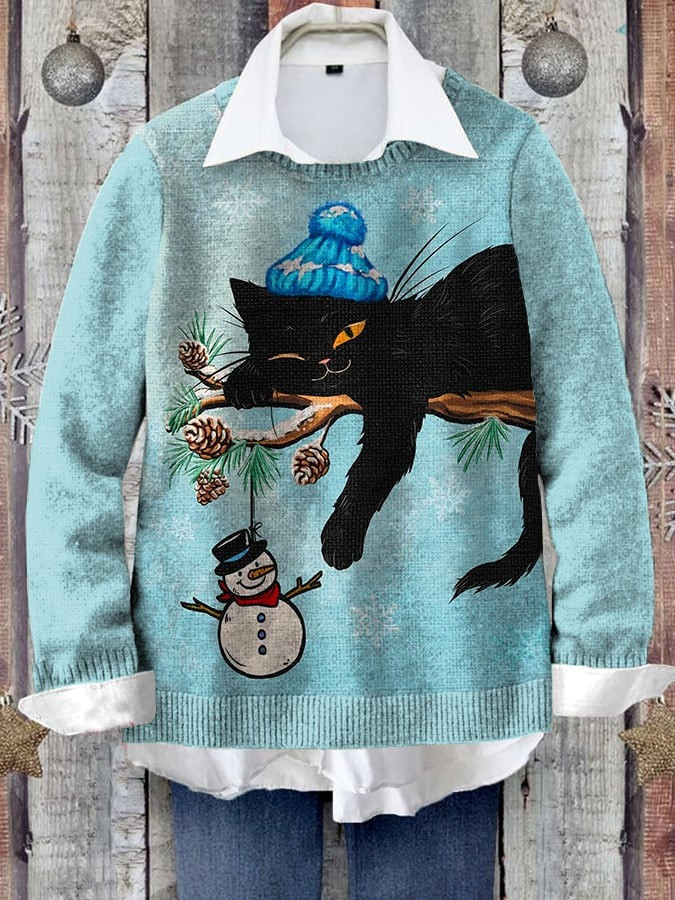 Sleepy Black Cat Christmas Sweater Cute Animal Apparel Xmas Holiday Gifts For Cat Lovers