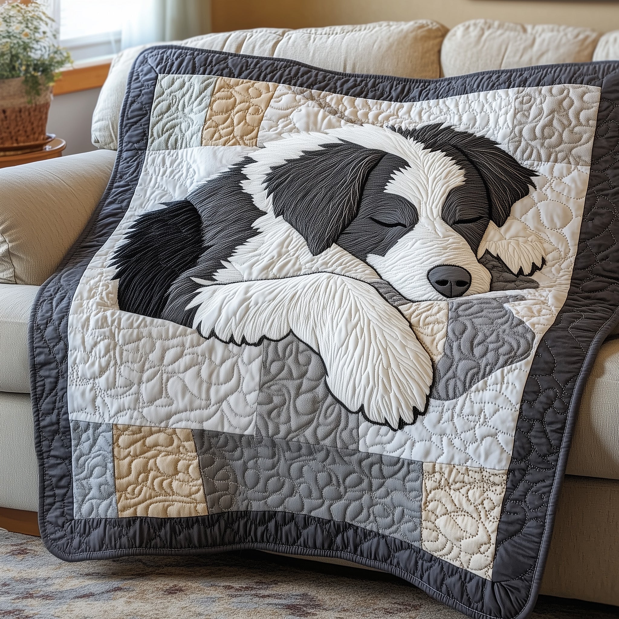 Sleepy Border Collie Quilted Blanket Cute Bed BlanketXmas Gifts For Dog Lovers