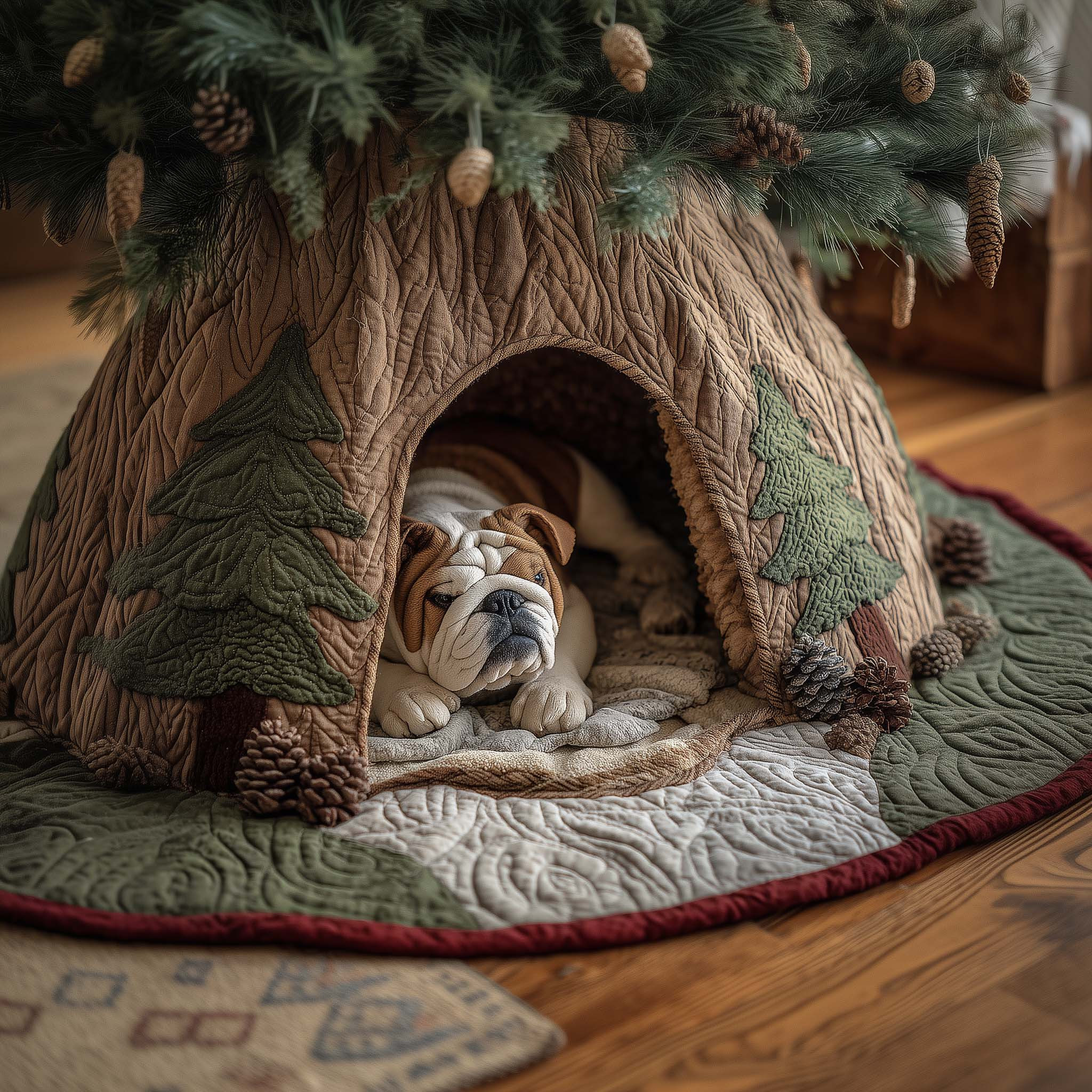 Sleepy Bulldog Quilted Tree Skirt Trending Home Decor 2025 Xmas Gifts For Bulldog Lover