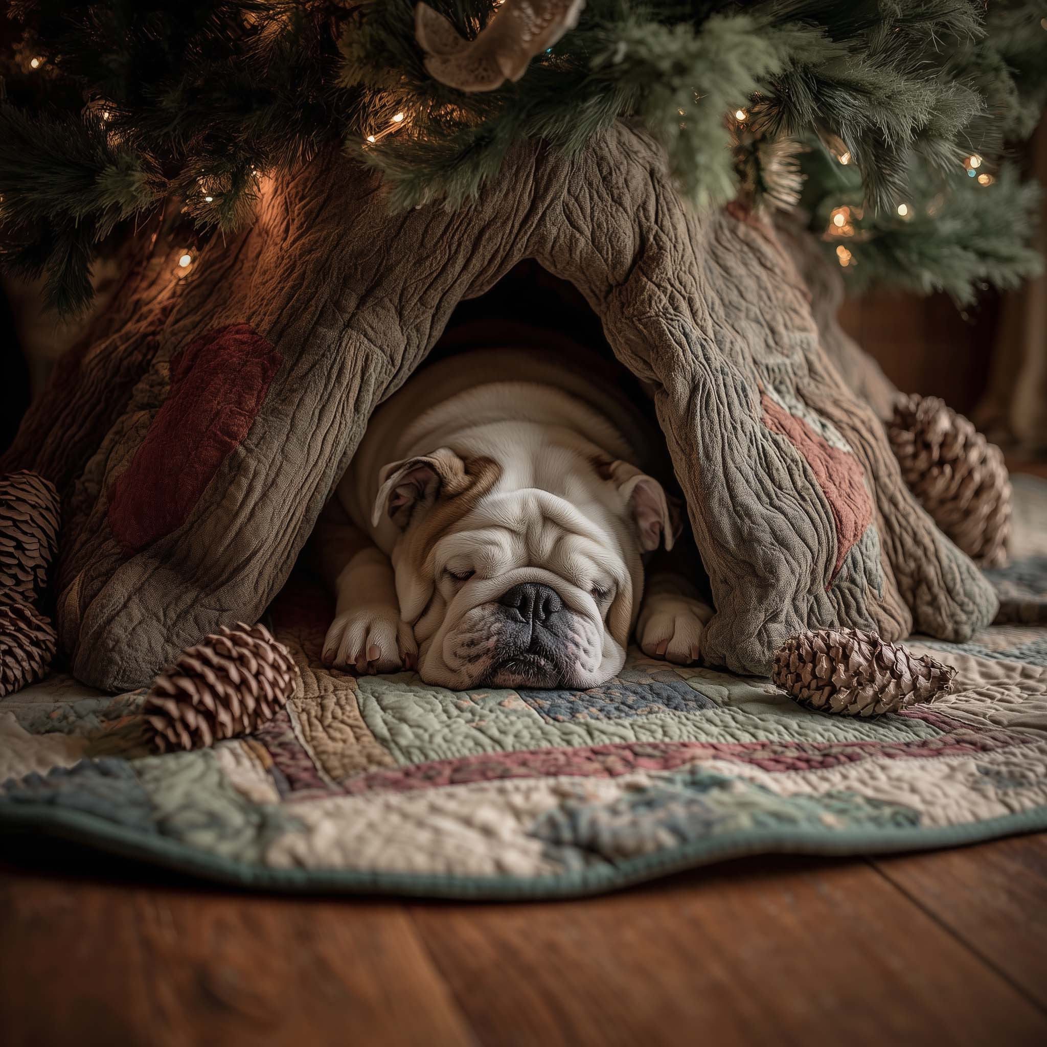 Sleepy Bulldog Quilted Tree Skirt Trending Home Decor 2025 Xmas Gifts For Dog Lover
