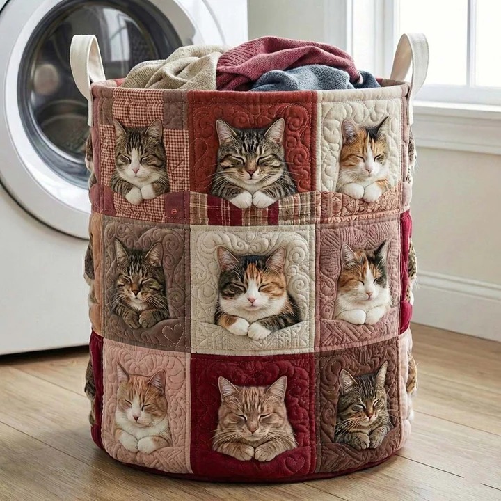 Sleepy Cat Portrait Quilted Laundry Basket Cat Lover Home Decor Best Gift For Cat Parents And Owners