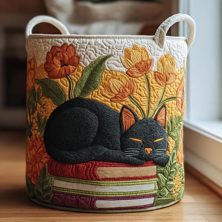 Sleepy Cat Quilted Laundry Basket Boho Cute Cat Napping Home Storage Best Gift For Cat Mom