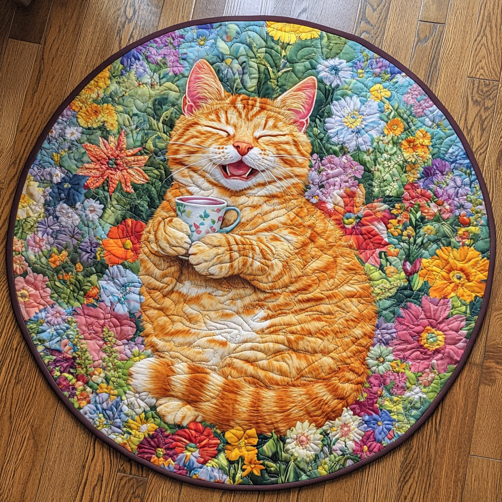 Sleepy Cat Quilted Round Mat Unique Front Door Decor Funny Gifts For Cat Lovers