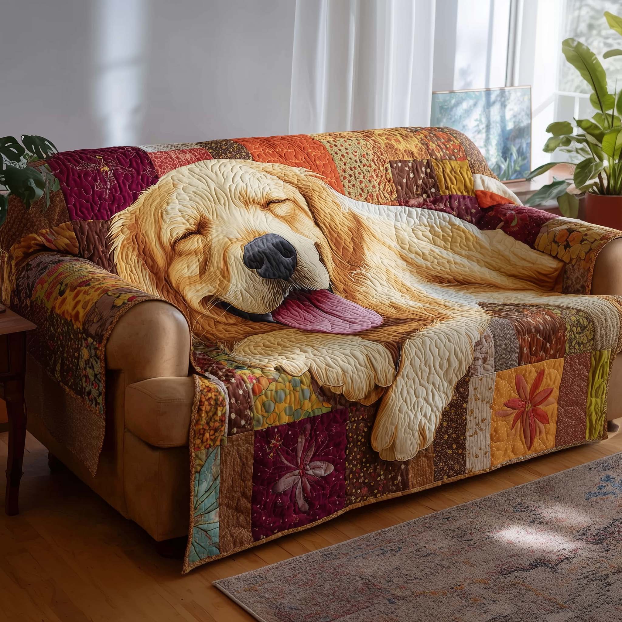 Sleepy Golden Retriever Quilted Sofa Cover Peaceful Dog Nap Unique Present For Smart Dog