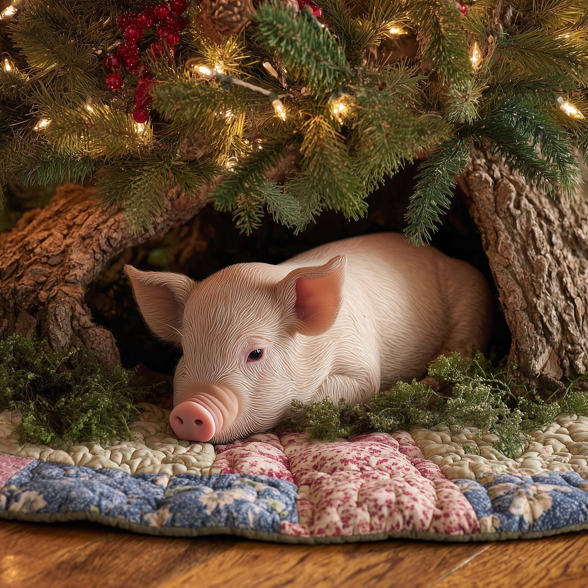 Sleepy Piglet Quilted Tree Skirt Trending Home Decor 2025 Christmas Gifts For Pig Lover