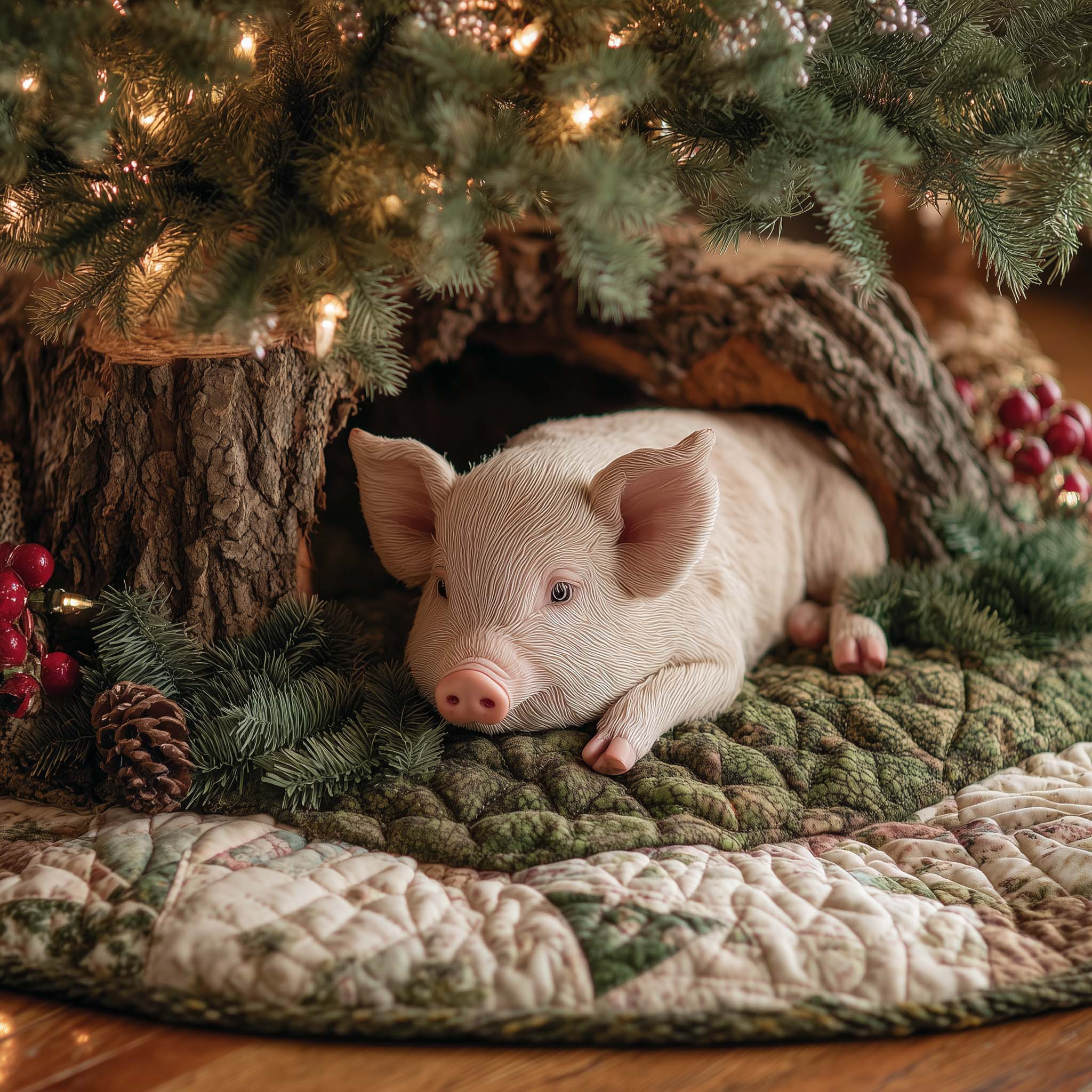 Sleepy Piglet Quilted Tree Skirt Trending Home Decor 2025 Pig Lover Xmas Gifts