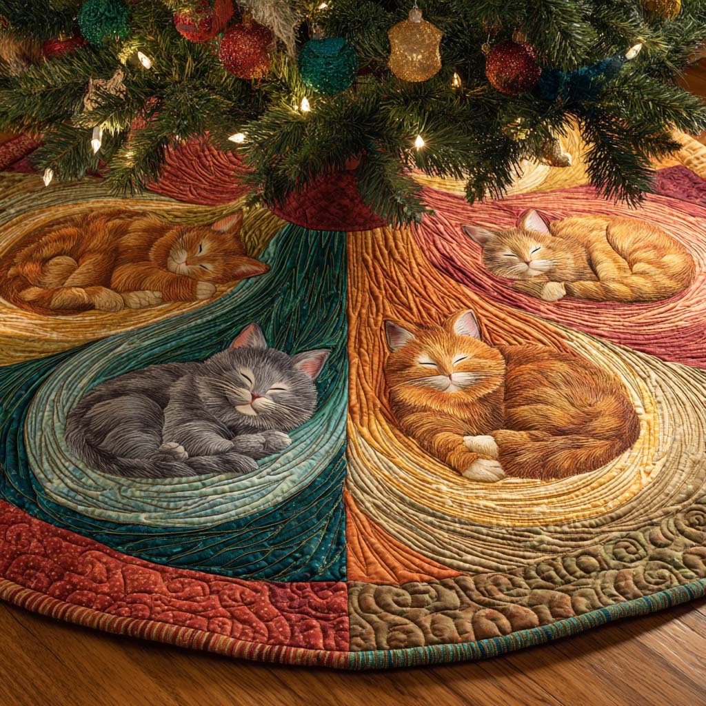 Sleepy Tails Quilted Tree Skirt Xmas Tree Stand Cover Gifts For Black Cat Lovers