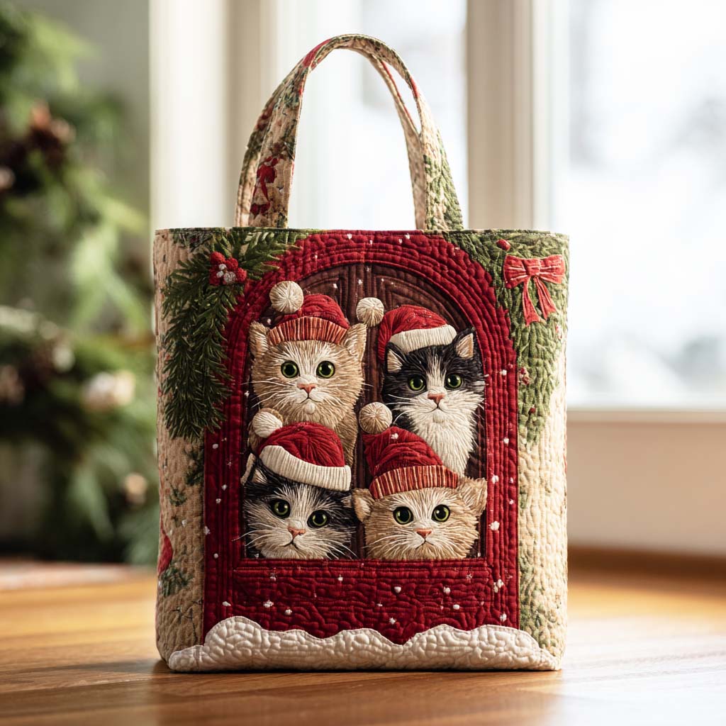 Sleigh Cat Quilted Tote Bag Gifts For New Cat Owners