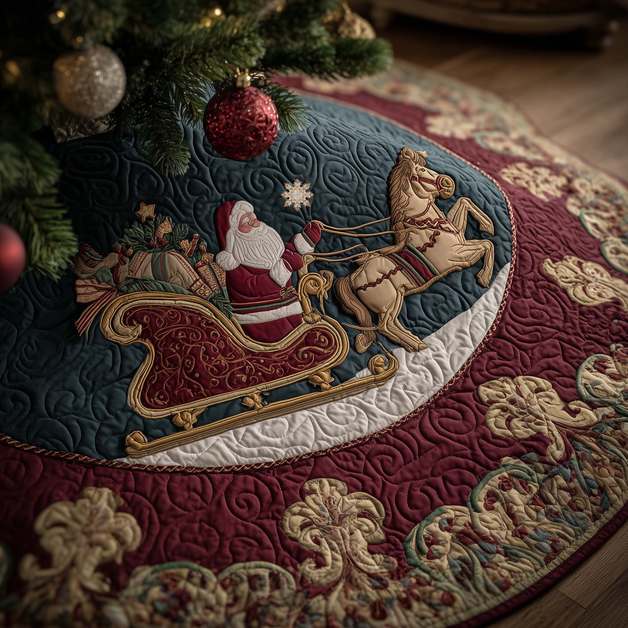 Sleigh Charger Quilted Tree Skirt Trending Home Decor 2025 Xmas Gifts For Santa Claus Lover