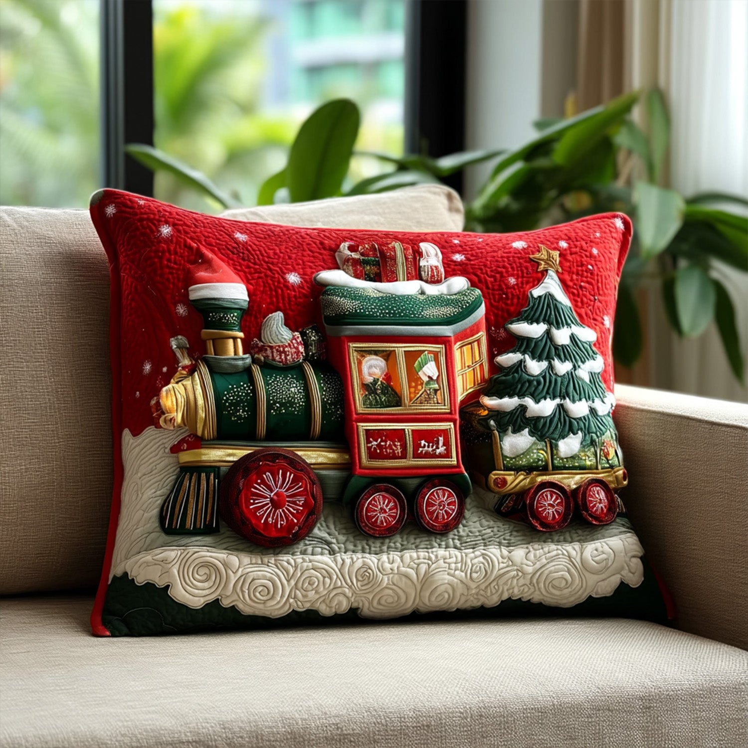 Sleigh-on-Rails Quilted Pillow Case Holiday Throw Pillow Covers Best Christmas Gifts