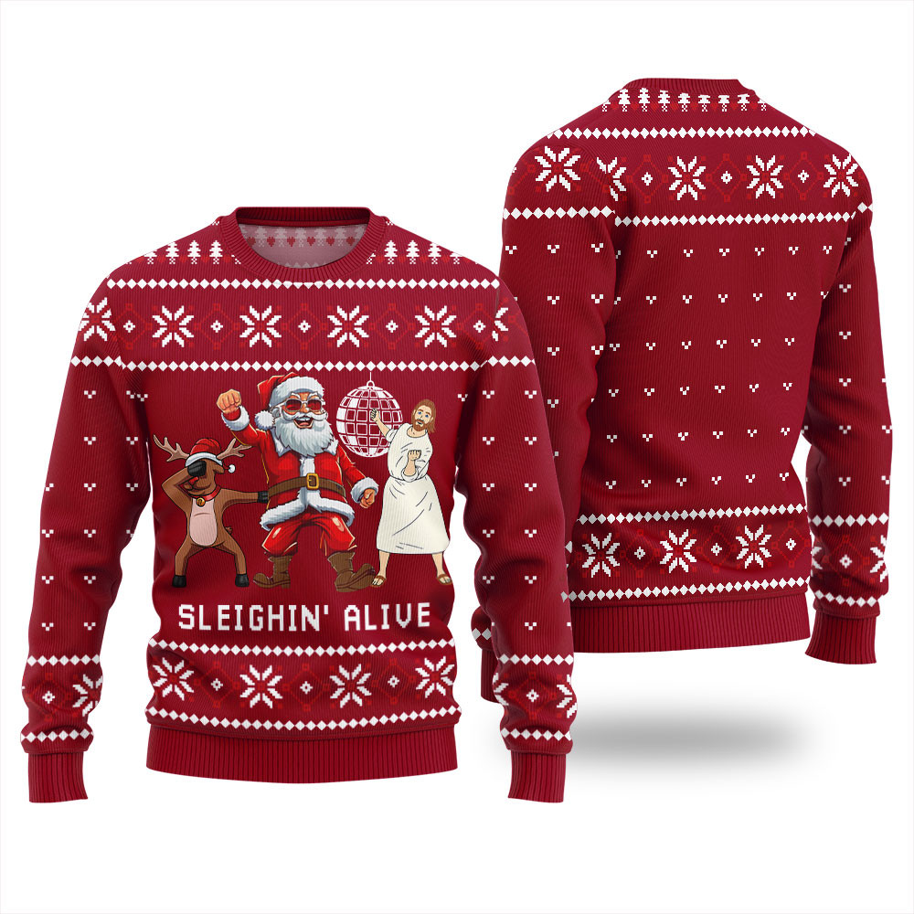 Sleignin Alive Funny Santa Ugly Xmas Sweater Funny Xmas Sweater for Ugly Sweater Parties