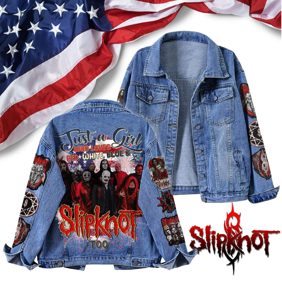 Slipknot Who Loves Red White Blue Denim Jacket Gifts For Someone Who Likes Music