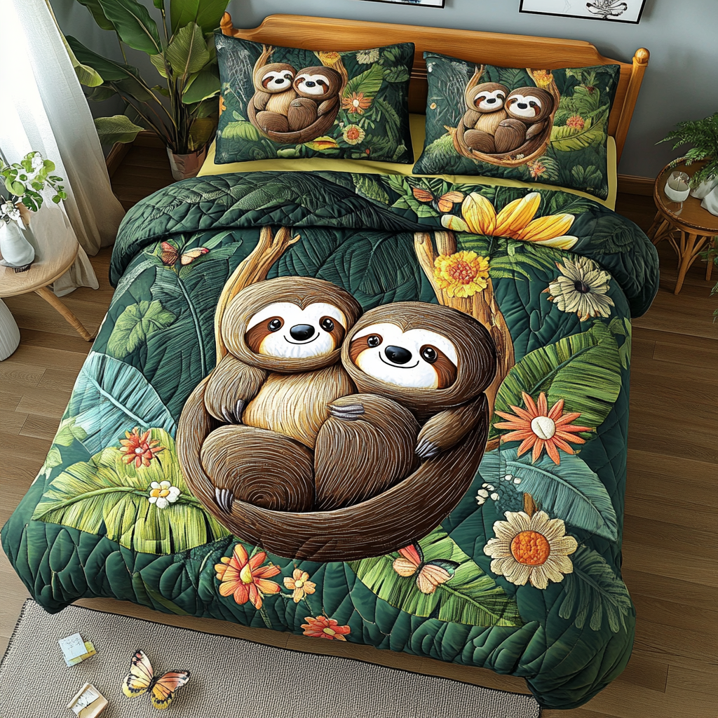 Sloth and Serenity Quilted Bedding Set Holiday Duvet Cover Set Sloth Christmas Presents
