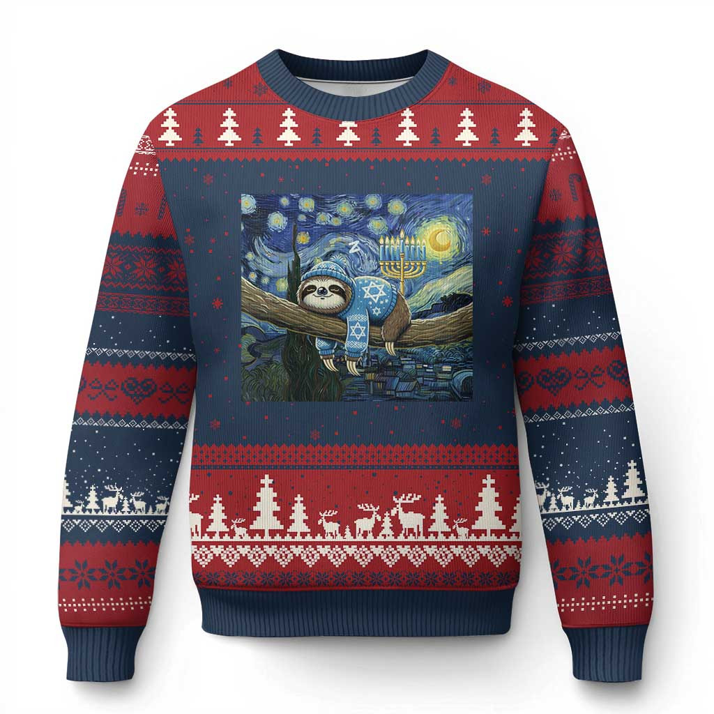 Sloth Ugly Christmas Sweater Van Gogh Starry Night Jewish Gift For Sloth Lovers
