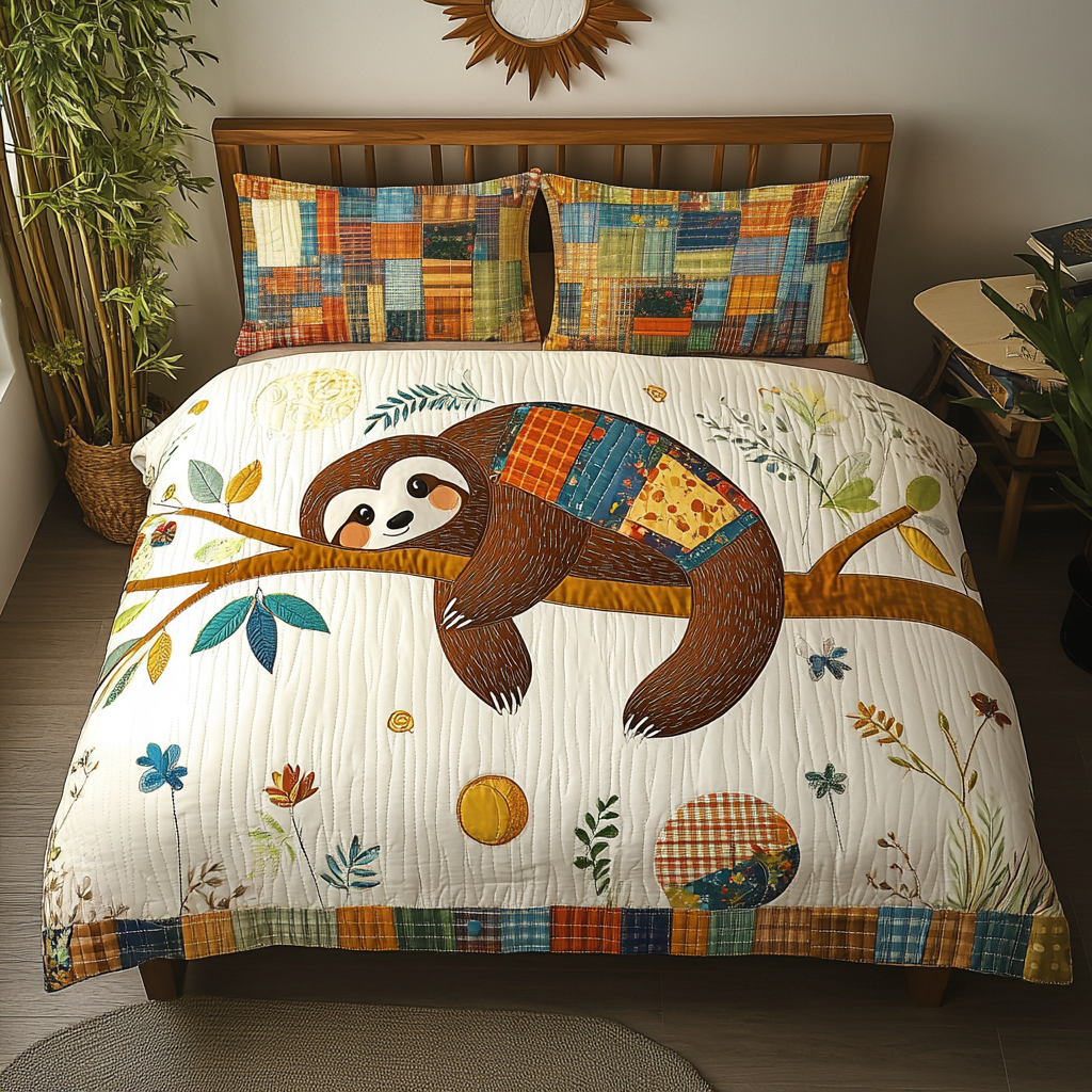 Slothful Bliss Quilted Bedding Set Cute Room Decor Presents For Sloth Lovers
