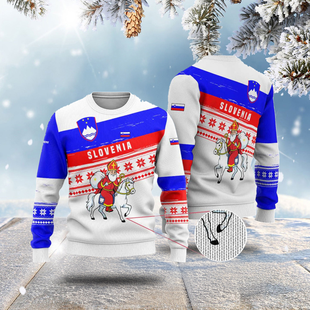 Slovenia Christmas Ugly Christmas Sweater with Saint Nicholas White Horse Snowflake Pattern and National Flag Design