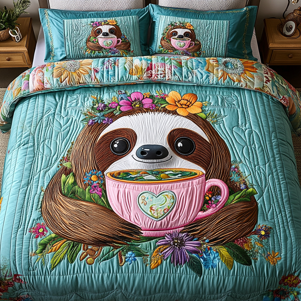 Slow and Steady Quilted Bedding Set Best Bed Sheet Set Best Gifts For Sloth Lovers