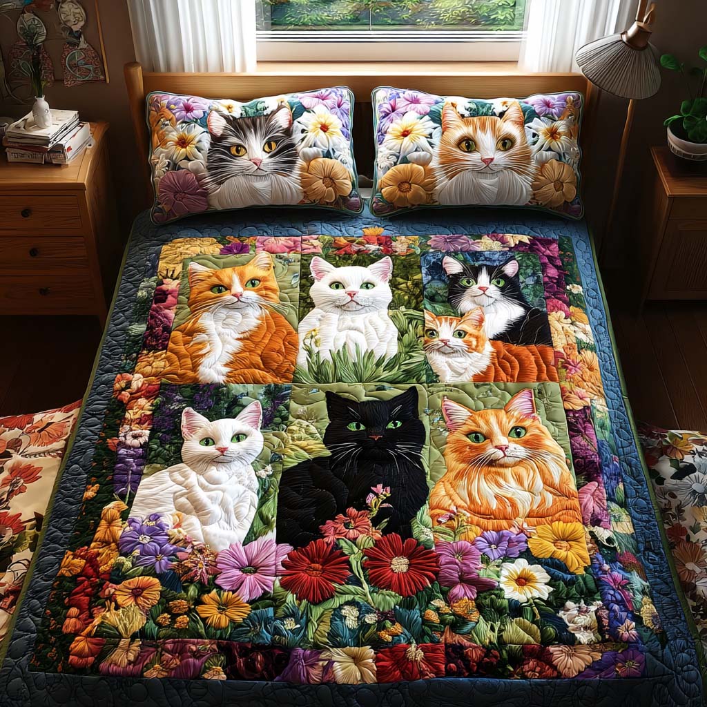 Smiling Cat Charm Quilted Bedding Set Elegant Bedding Set Gift for Newlyweds