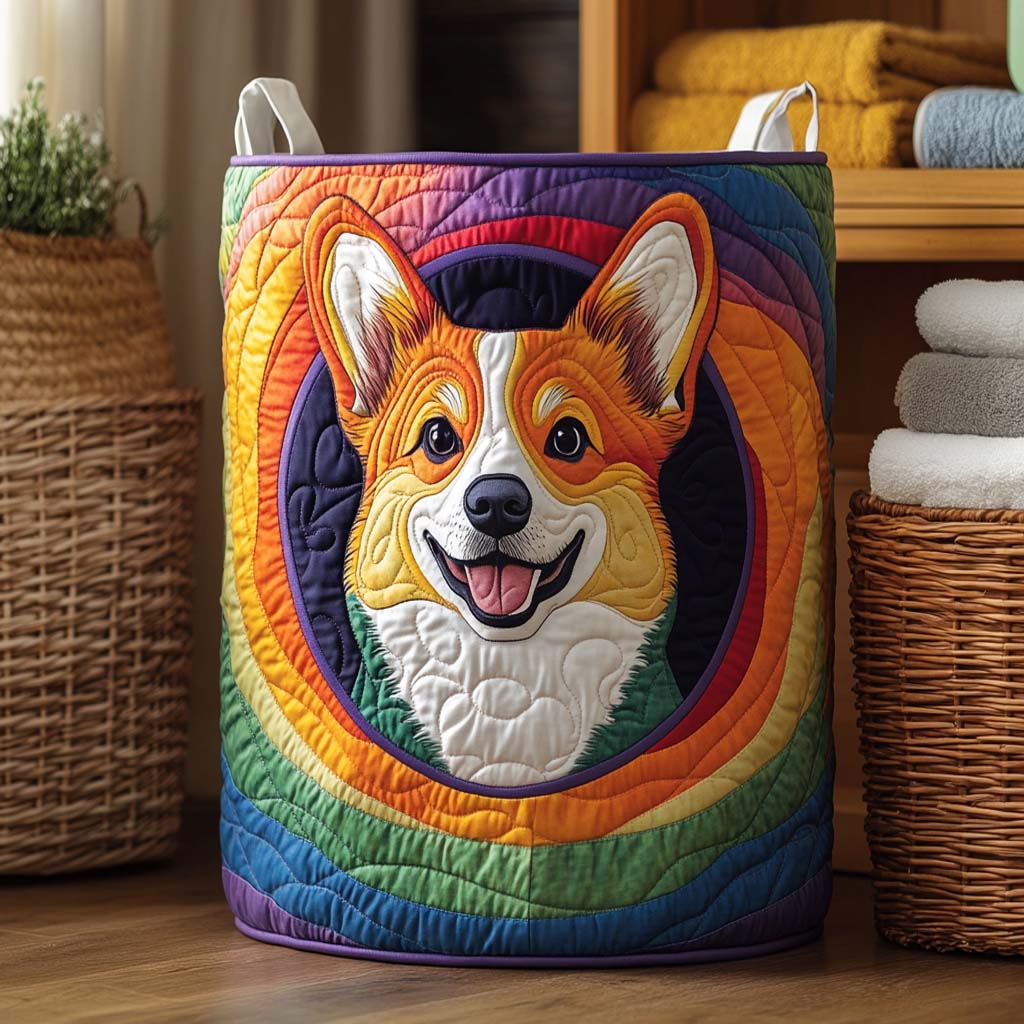 Smiling Corgi Patchwork Quilted Laundry Basket Summer Merch Vibes