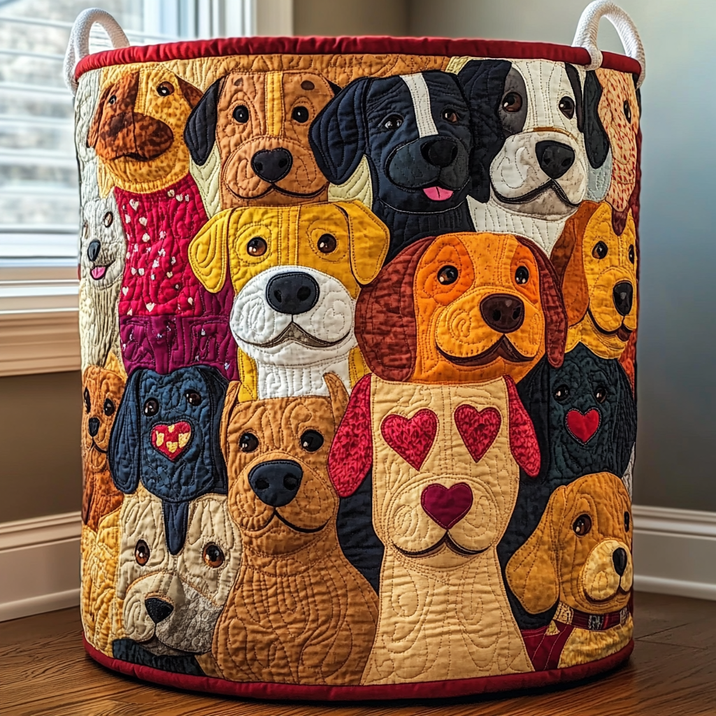 Smiling Dogs Quilted Laundry Basket Portable Quilted Hamper for Easy Carrying and Storage