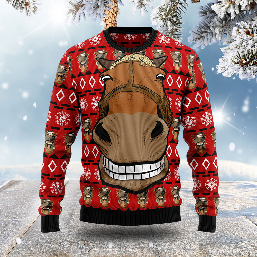 Smiling Horse Ugly Christmas Sweater Animal Themed Holiday Apparel Xmas Horse Lover Gifts