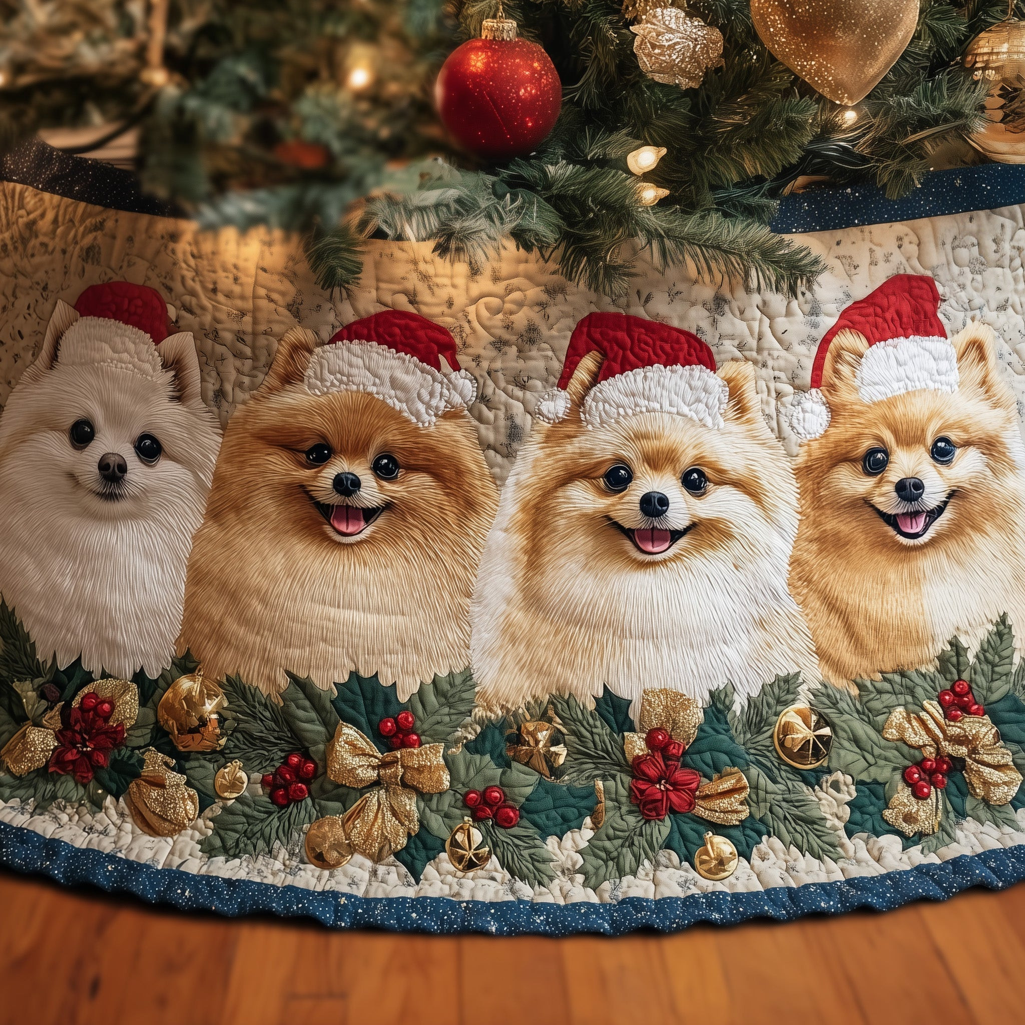 Smiling Pomeranian Dog Quilted Tree Skirt Xmas Home Decor Best Gifts For Christmas