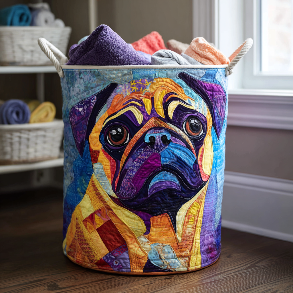 Smiling Pug Quilted Laundry Basket Holiday Merch Gift