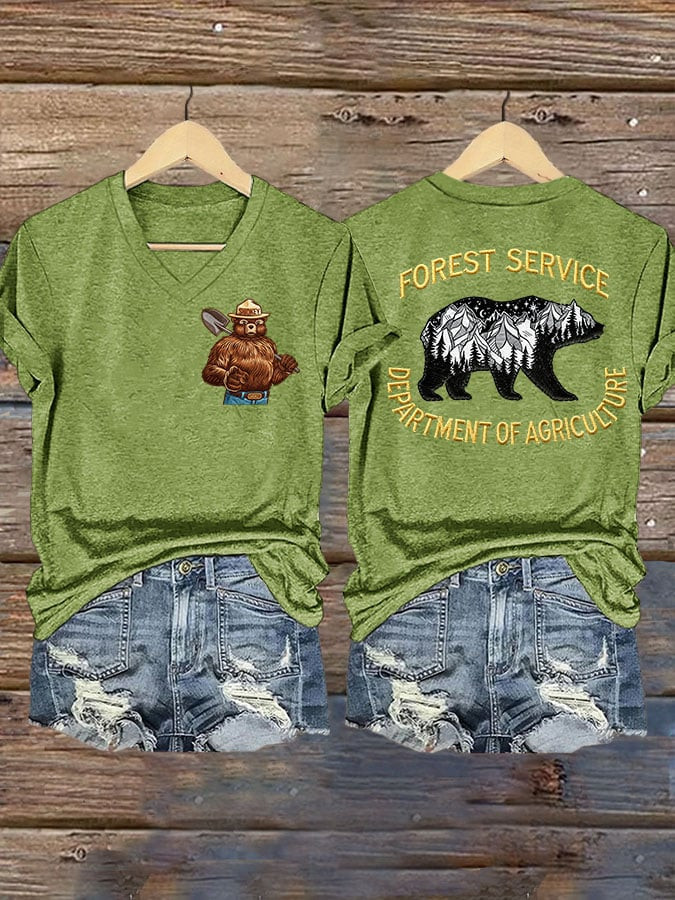 Smokey Bear Forest Service Department Of Agriculture V-Neck Shirt Rebuilding The USFS Merch