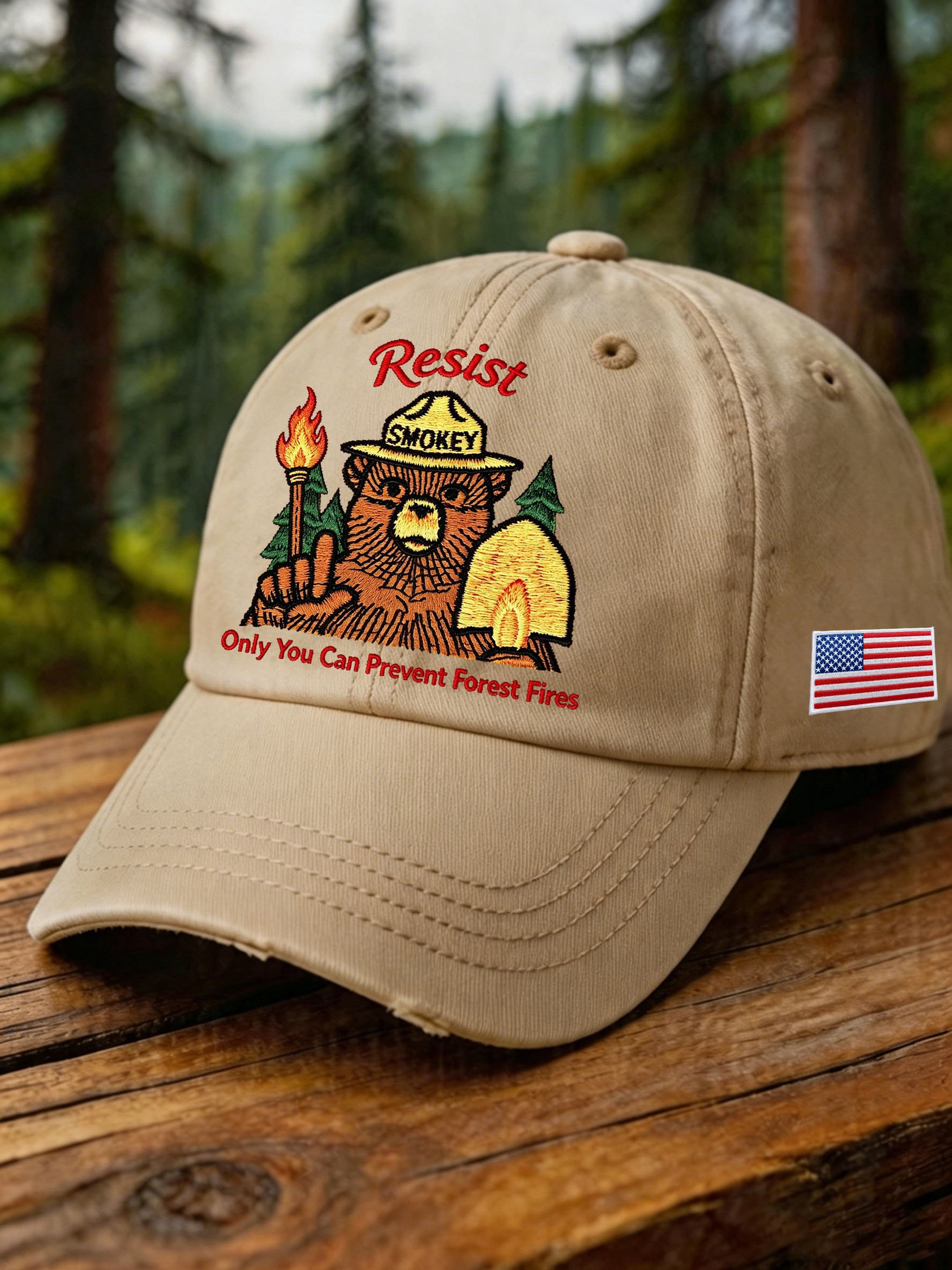 Smokey Bear Resist USA Flag Patriotic Baseball CapRebuilding The USFS Merch For Firefighters