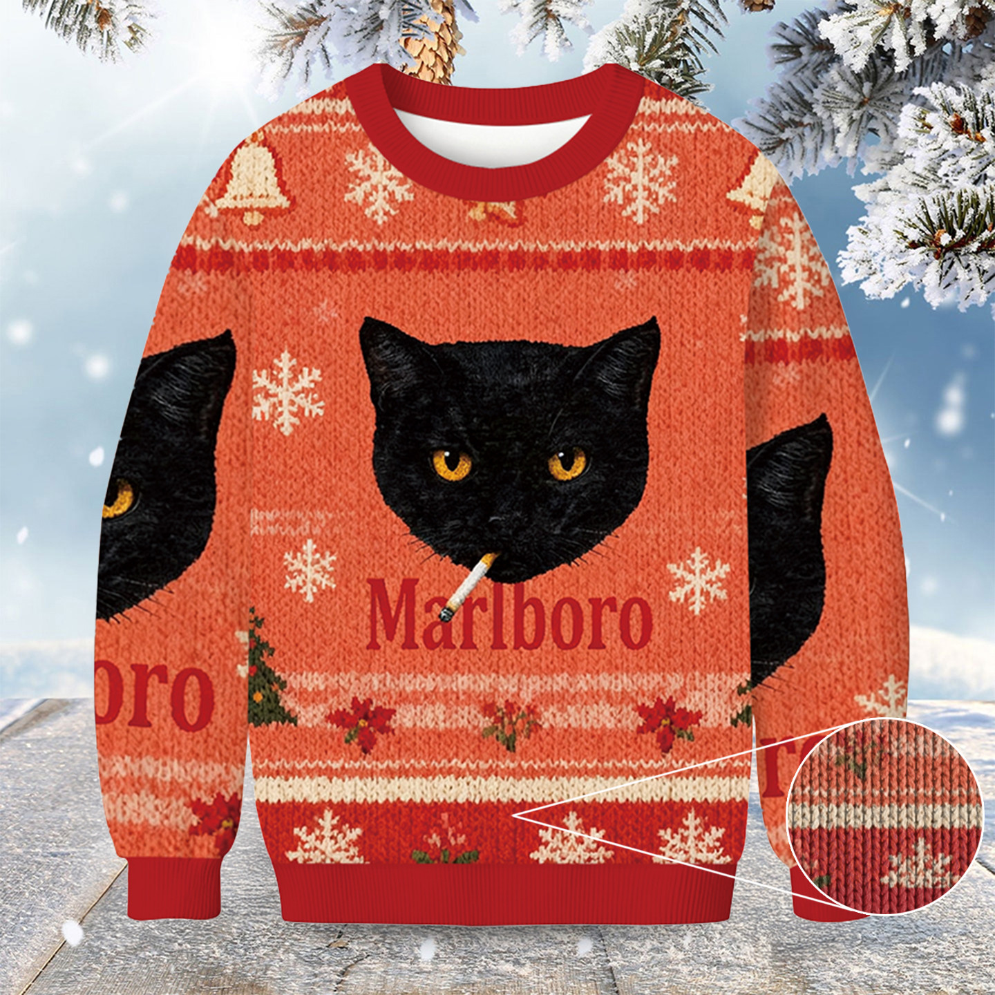 Smoking Black Cat Vintage Christmas Ugly Sweater Cat Themed Unique Christmas Sweater
