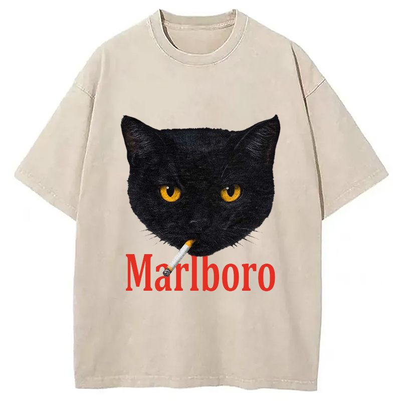 Smoking Black Cat Vintage Washed T-Shirt Soft Cotton Daily Wear Tee Gifts For BFF