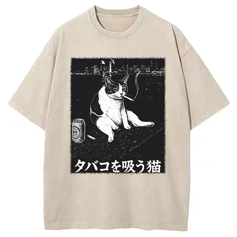 Smoking Cat Funny Washed T-Shirt Soft Cotton Daily Wear Tee Gifts For Sister