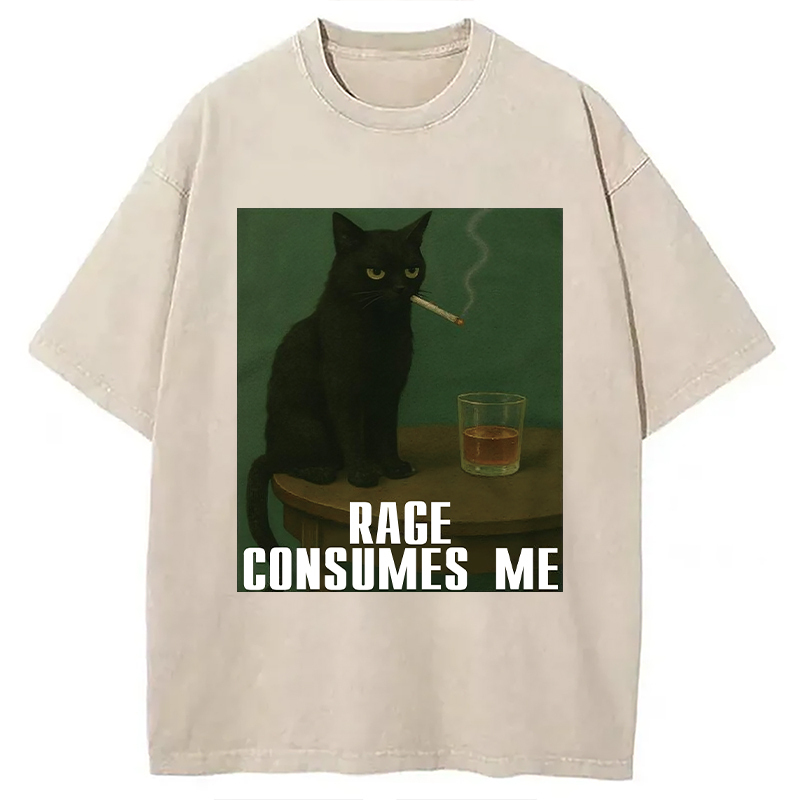 Smoking Cat With Whiskey Meme Washed T-Shirt Cool Graphic Tee For Men Women Gifts For BFF