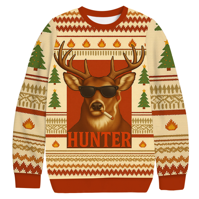 Smoking Deer Hunter Christmas Ugly Sweatshirt Holiday Lounge Wear Top Gift Ideas