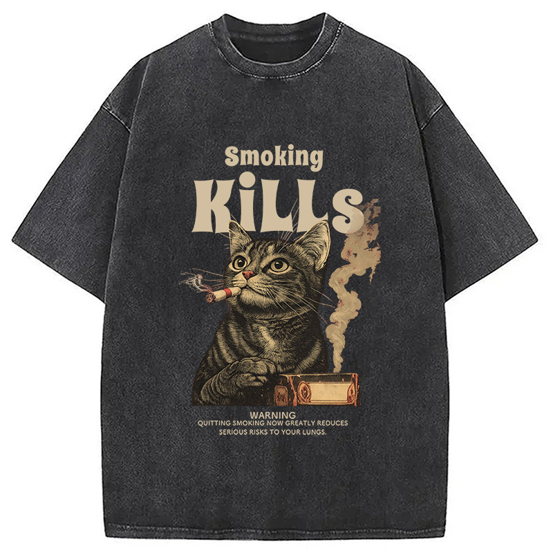 Smoking Mills Cat Meme Washed T-Shirt Cool Graphic Tee For Men Women Gifts For Sister