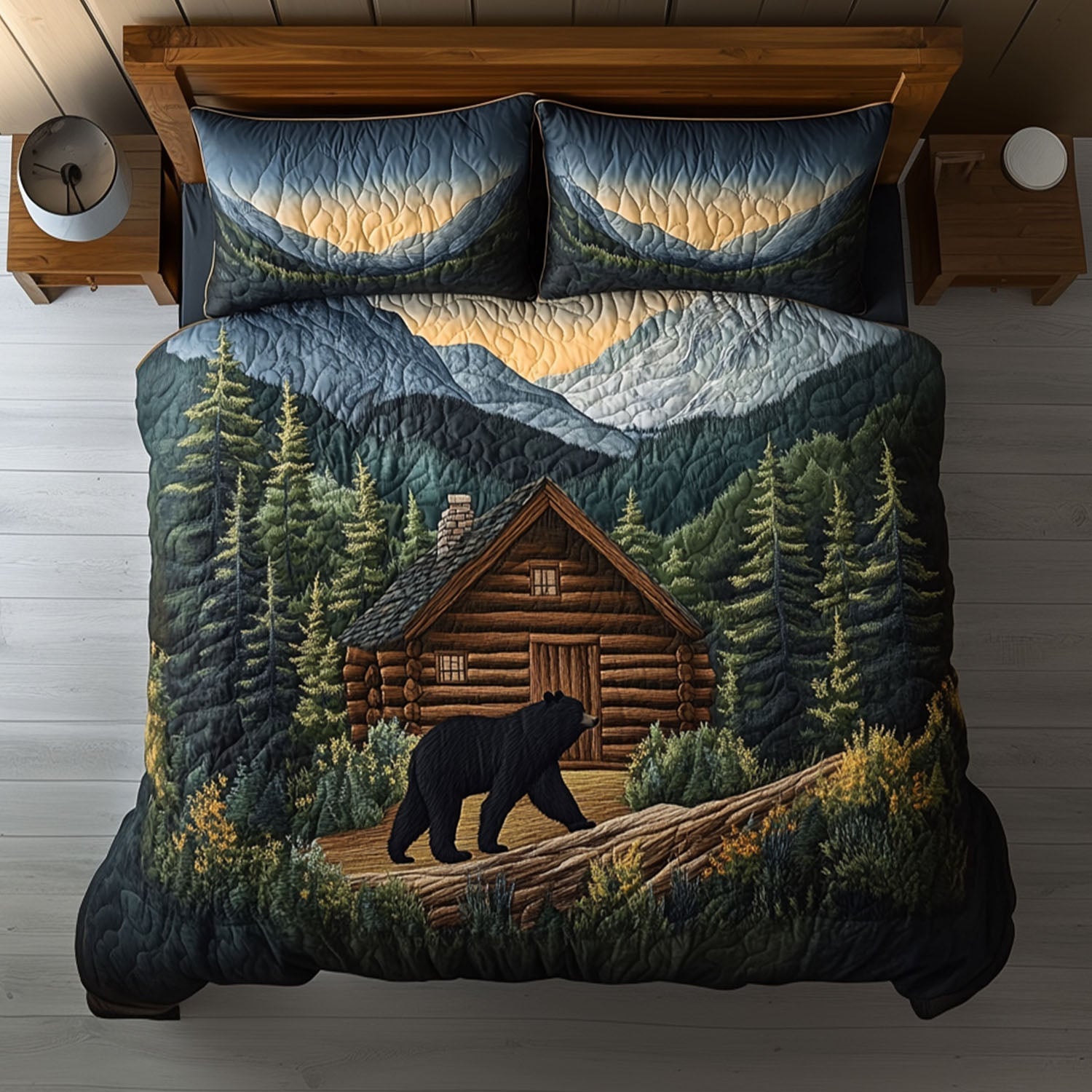 Smoky Bear Cabin Quilted Bedding Set Cute Bedroom Decor Nature Lover Gift Ideas