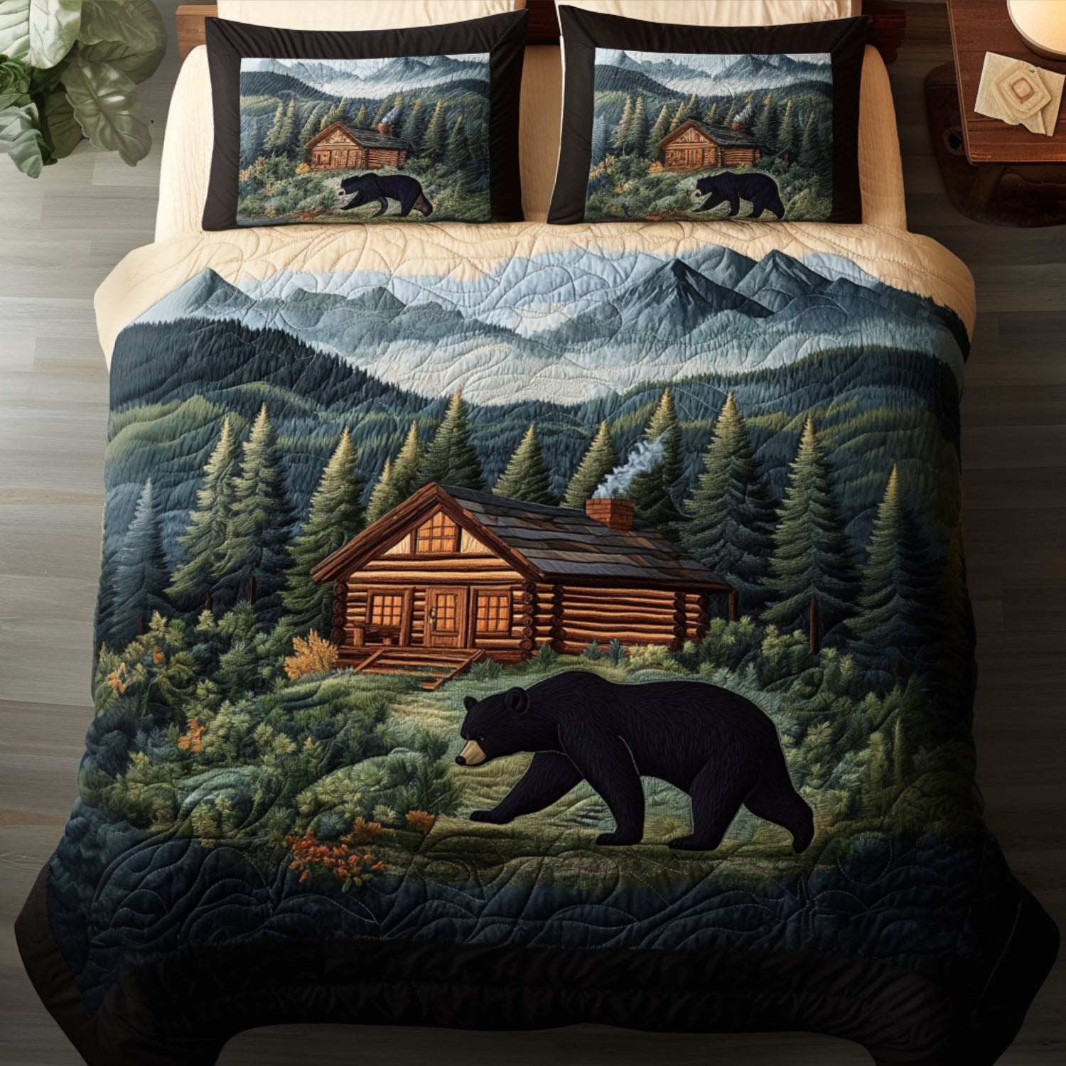Smoky Bear Retreat Quilted Bedding Set Holiday Duvet Covers Christmas Gifts For Wildlife Lovers