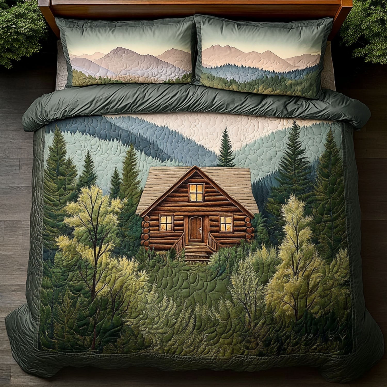Smoky Glen Cabin Quilted Bedding Set Holiday Duvet Cover Set Presents For Wildlife Enthusiasts