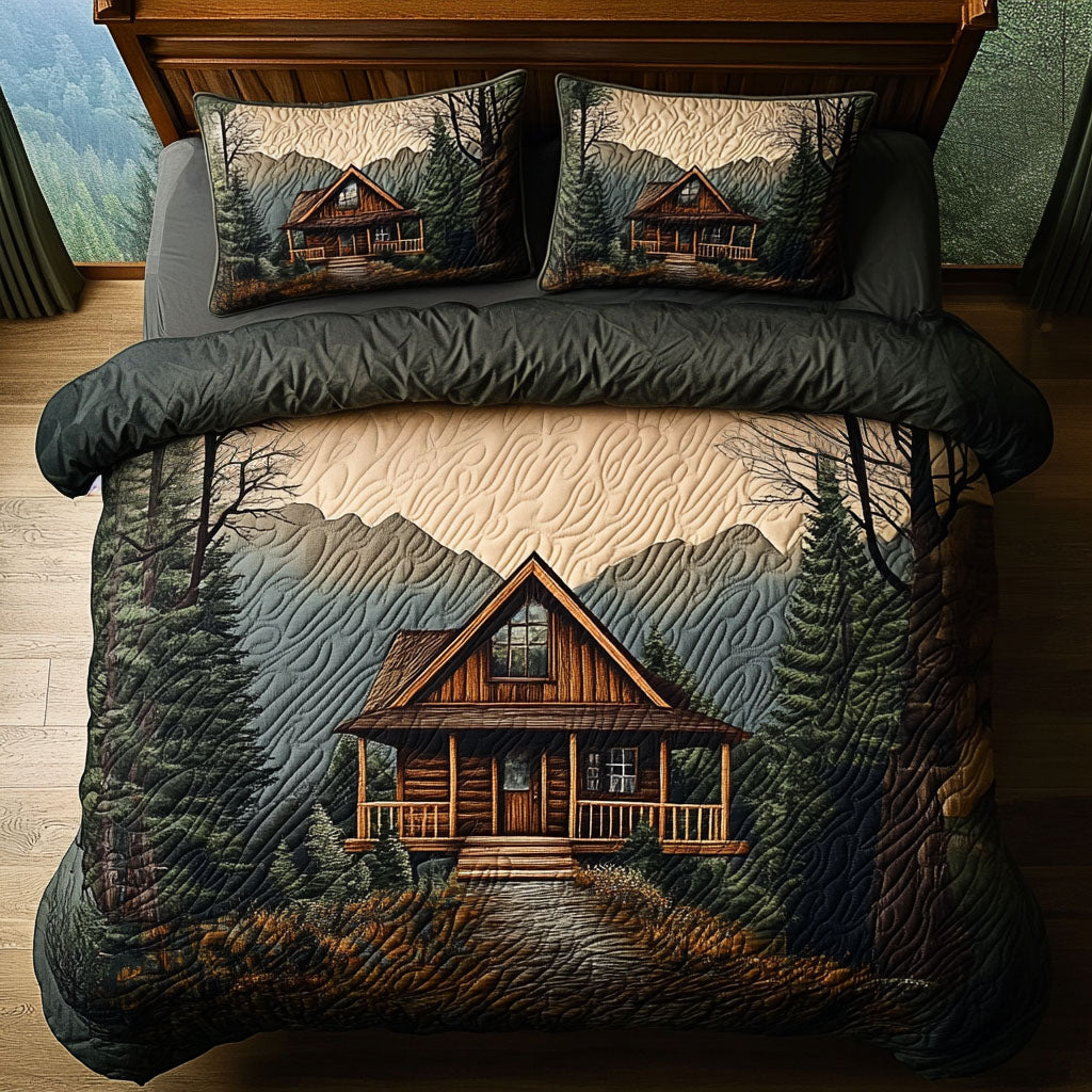 Smoky Peaks Cabin Quilted Bedding Set Best Bedspread Set Gift For Wildlife Lovers