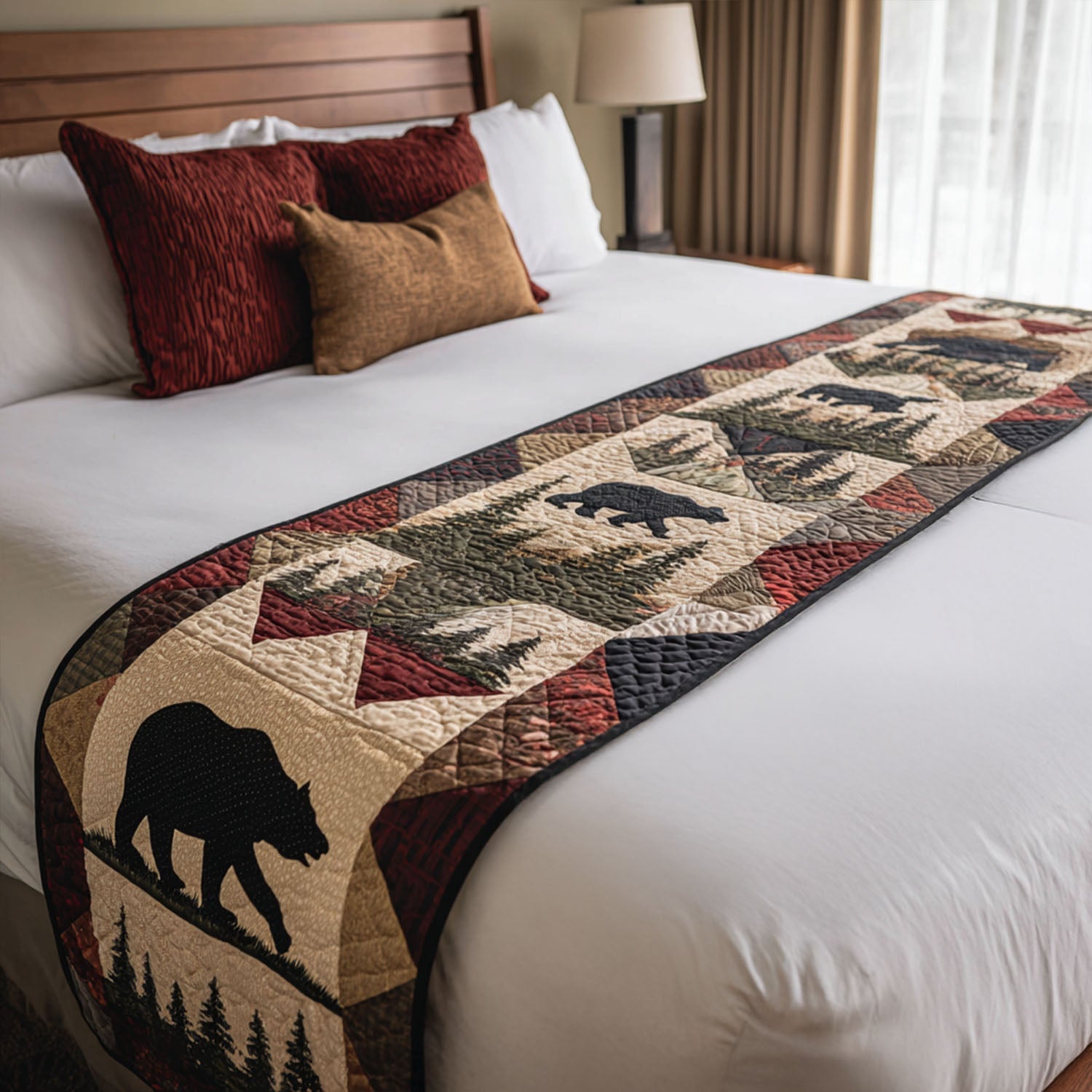 Smoky Ridge Bear Quilted Bed Runner Aesthetic Room Decor Nature Lover Gift Ideas